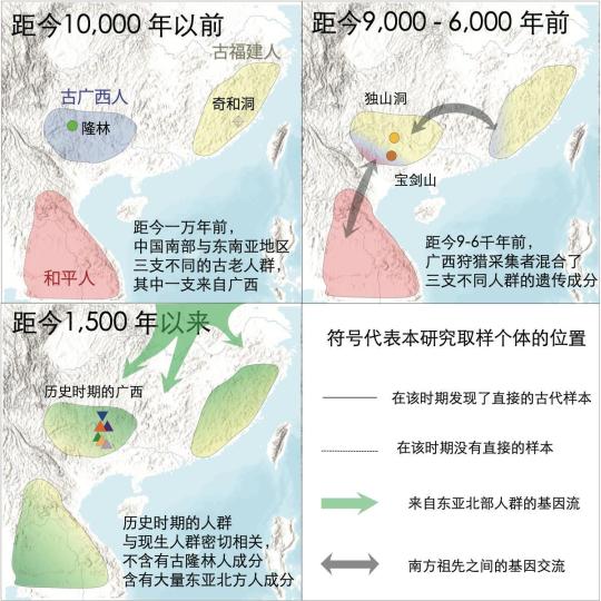 东亚与东南亚交汇处自1.1万年以来人群动态示意图。 中科院古脊椎所 供图 东亚与东南亚交汇处自1.1万年以来人群动态示意图。 中科院古脊椎所 供图