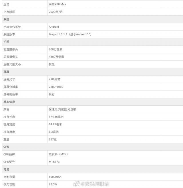华为荣耀X10 Max将于7月2日正式发布，规格泄露